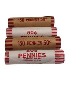 lot 64 image: Mixed Wheat Pennies Estate Find - 4 rolls containing a total of 200 pennies from various years.