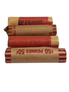 lot 65 image: Mixed Wheat Pennies Estate Find - 4 rolls containing a total of 200 pennies from various years.
