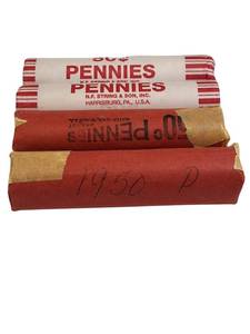 lot 66 image: Mixed Wheat Pennies Estate Find - 4 rolls containing a total of 200 pennies from various years.