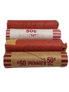 lot 67 image: Mixed Wheat Pennies Estate Find - 4 rolls containing a total of 200 pennies from various years.
