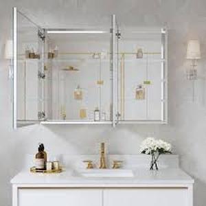 lot 47 image: WELLFOR ROSA 40 in. W x 30 in. H Rectangular Aluminum Tri-View Medicine Cabinet with Mirror, Blum Hinge, Adjustable Shelves Customer Returns See Pictures