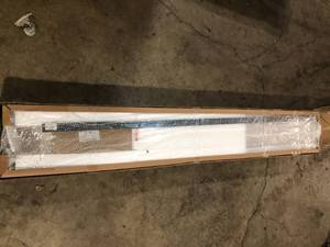 lot 56 image: easelife 36 in. x 84 in. 5 Lite Frosted Glass Brown Finished MDF Sliding Barn Door with Hardware Kit Customer Returns See Pictures