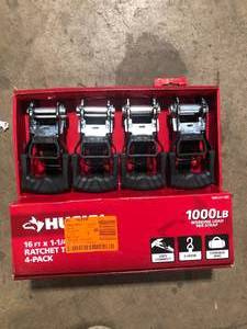lot 25 image: Husky 16 ft. 1.25 in. Ratchet Tie-Down Straps with S-Hook (4-Pack) Customer Returns See Pictures