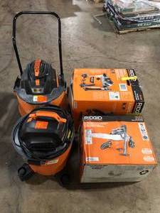 lot 49 image: Lot of Assorted Ridgid WetDry Shop Vacs Used  Missing Parts  Various Models and Conditions   Customer Returns See Pictures