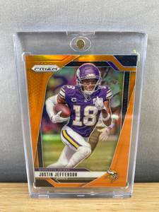 lot 437 image: 2024 Panini Prizm Justin Jefferson Numbered Orange Prizm #187249 Football NFL Card - Minnesota Vikings