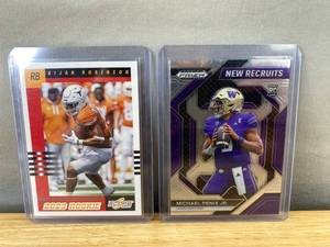 lot 442 image: 2023 NFL Atlanta Falcons NFL Rookie Cards - Bijan Robinson, Michael Penix Jr. (Panini, Prizm)