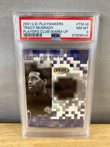 lot 471 image: 2001 U.D. Playmakers Tracy McGrady Warm-Up NBA Jersey Card Graded PSA 8 - Toronto Raptors J