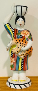 lot 98 image: 11 Inch Hand-Painted Ceramic Figurine Woman with Cheetah Candle Holder