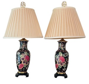 lot 49 image: DR - Pair of Asian Style Porcelain Table Lamps with Floral Base