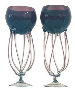lot 50 image: DR - Pair of Vintage Blown Glass Octopus Jellyfish Vases, Purple, 11 Inch
