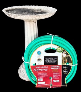 lot 59 image: G - Resin Sunflower Design Birdbath and 50 ft Heavy Duty Garden Hose Bundle