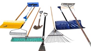 lot 103 image: G - Group of Outdoor and Garage Tools Including Shovels, Rakes, Push Brooms, and Roof Rake