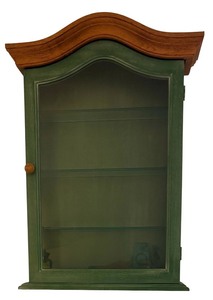 lot 110 image: LR - Green and Brown Curio Cabinet with Glass Shelves