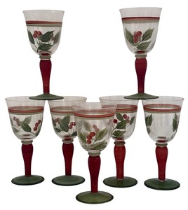 lot 115 image: DR - Set of 7 Hand Painted Christmas Berry Wine Glasses
