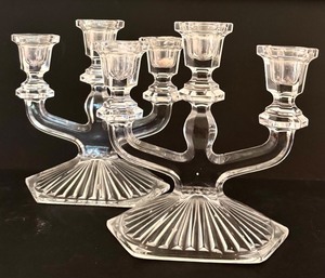 lot 117 image: DR - Pair of Glass Triple Candelabra Candleholders