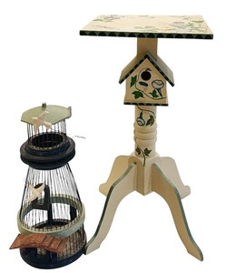 lot 123 image: DR  - Hand-Painted Accent Table with Birdhouse Motif and Decorative Birdcage