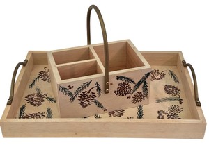 lot 136 image: LR - Painted Wooden Serving Tray and Condiment Cubby Set with Pinecone Design