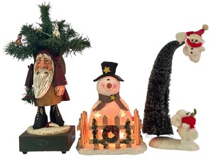 lot 163A image: Set of 3 Christmas Figurines including Santa, Snowman, and Tree Display