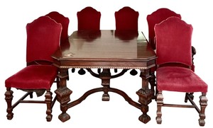 lot 168A image: DR - Vintage Dining Table with 6 Red Upholstered Chairs and Leaves