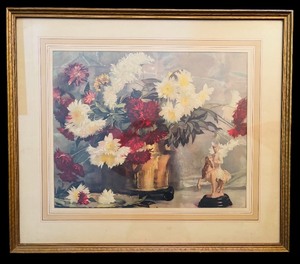 lot 171 image: BR3 - Vintage Framed Floral Print with Figurine