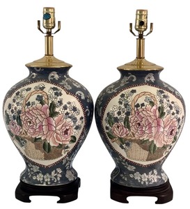 lot 172 image: DR - Pair of 21 Inch Ceramic Table Lamps with Floral Design, No Shades