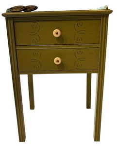 lot 174 image: BR2 - Vintage Painted Wood Table with Two Drawers and Extra Knobs