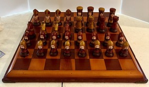 lot 176 image: LR - Vintage Wooden Chess Set with Hand-Painted Pieces