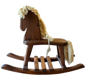 lot 179 image: LR - Vintage Wooden Rocking Horse with Yarn Mane and Tail