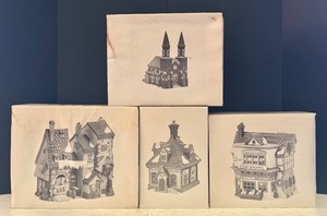 lot 186A image: Set of 4 Department 56 Dickens Village Series Handpainted Porcelain Buildings