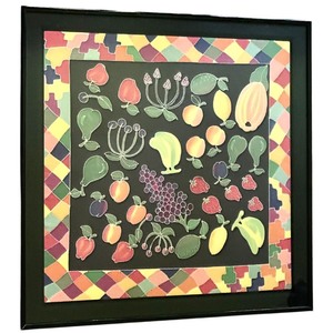 lot 41C image: K - Framed Fruit and Geometric Pattern Textile Art