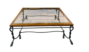 lot 87 image: LR - Glass Top Coffee Table with Wood Trim and Twisted Iron Base