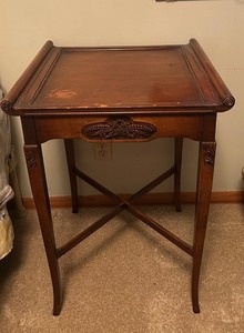 lot 95 image: B2 - Wooden Side Table with Carved Bow and Floral Detail, Approx. 29 x 16 Inches
