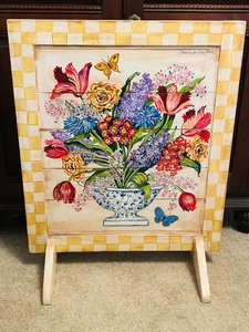 lot 96 image: B2 - Hand-Painted Floral Wood Art Panel Signed Van Goghs Daughter
