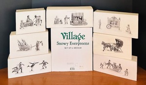 lot 147 image: K - Set of 7 Department 56 Village Accessory Boxed Figurine Sets with Snowy Evergreens