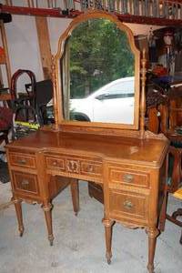 Antique Wood Vanity Desk with Mirror