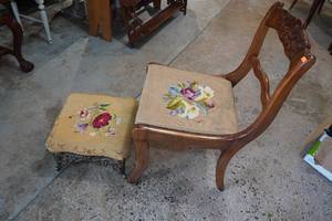 lot 3 image: Antique Chair and Stool with Needlepoint Pattern