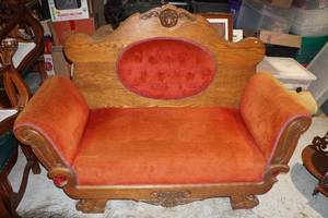 Antique Wood and Valvet Couch with Adjustable Arms