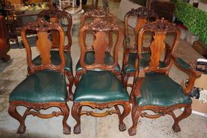 lot 12 image: Antique Carved Wood Chairs with Leather Seats