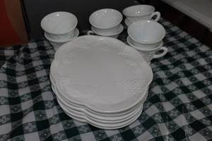 lot 104 image: Vintage Milk Glass Snack Plates and Cups