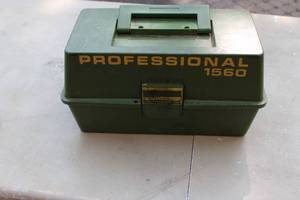 lot 8 image: Loaded Vintage Green Tackle Box, Mepps spinners spoons and more