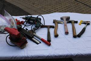 lot 10 image: Box of Hand tools, Axe, Hammer Drill Sander & Screwdrivers