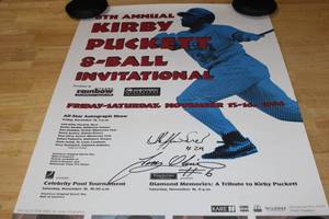 lot 43 image: Kirby Puckett 8 Ball Tournament Poster Signed by Hall of Famer Tony Oliva and unknown player