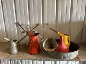 lot 14 image: Oil Cans, Tire Irons, Funnels & Oil Drain Pan