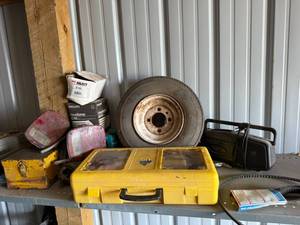 lot 22 image: Rotary Laser Level Kit, Headlamps, Tire