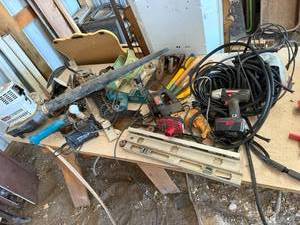 lot 65 image: Everything on Table - Tools, Levels, Ryobi Blower & Lawn Clippers