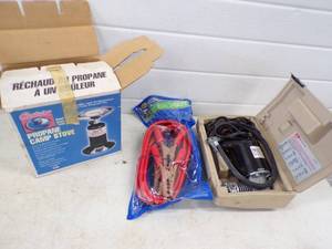 lot 28 image: Propane Stove, Jumper Cables and Air Compressor