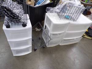 lot 35 image: 3 Plastic Dressers and Wire Storage Bins