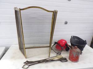 lot 56 image: Fireplace Screen and tools, Chainsaw Helmet, Vintage Gas Can and Ash Pail