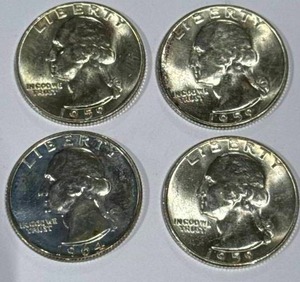 lot 2 image: Lot of 4 Silver (90%) Washington Quarters (high grade)