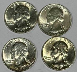 lot 5 image: Lot of 4 Silver (90%) Washington Quarters (high grade)